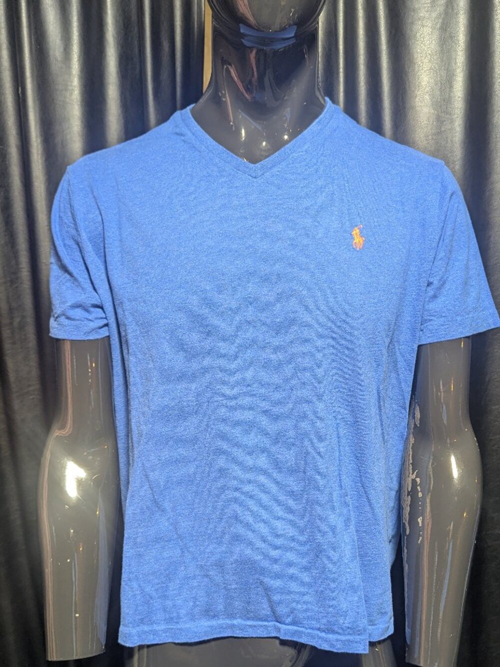 Polo Ralph Lauren Blue V-Neck T-Shirt Large Orange Pony Embroidered Logo